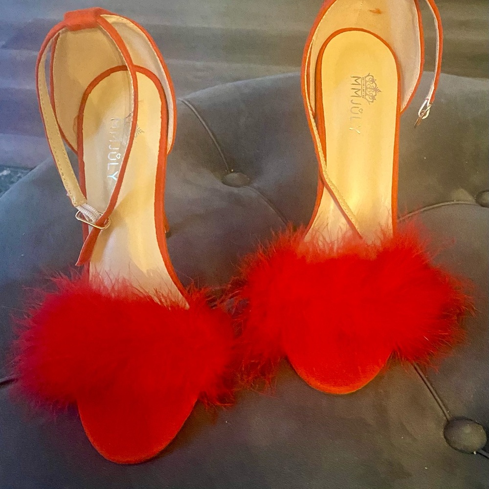 MMJULY Women's Open Toe Ankle Strap Fluffy Feather Stiletto High Heel Dress